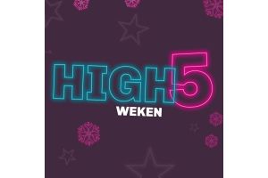 Afbeelding met neonachtige tekst High5 Weken op een donkere paarse achtergrond met sterren en sneeuwvlokken in verschillende groottes.