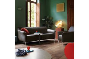 Donkere leren Leolux bank en fauteuil in een sfeervolle woonkamer met groene wand, houten vloer en warme designverlichting.