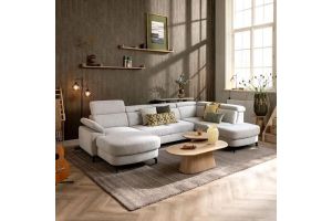 Hoekbank Pertina van Henders & Hazel in lichte stof in warme woonkamer met houten salontafel en vloerkleed