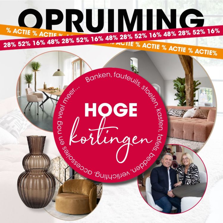 Promotieafbeelding van Kapenga Wonen met opruiming, hoge kortingen op banken, fauteuils, tafels, kasten, verlichting en accessoires, met sfeerbeelden en actieteksten.