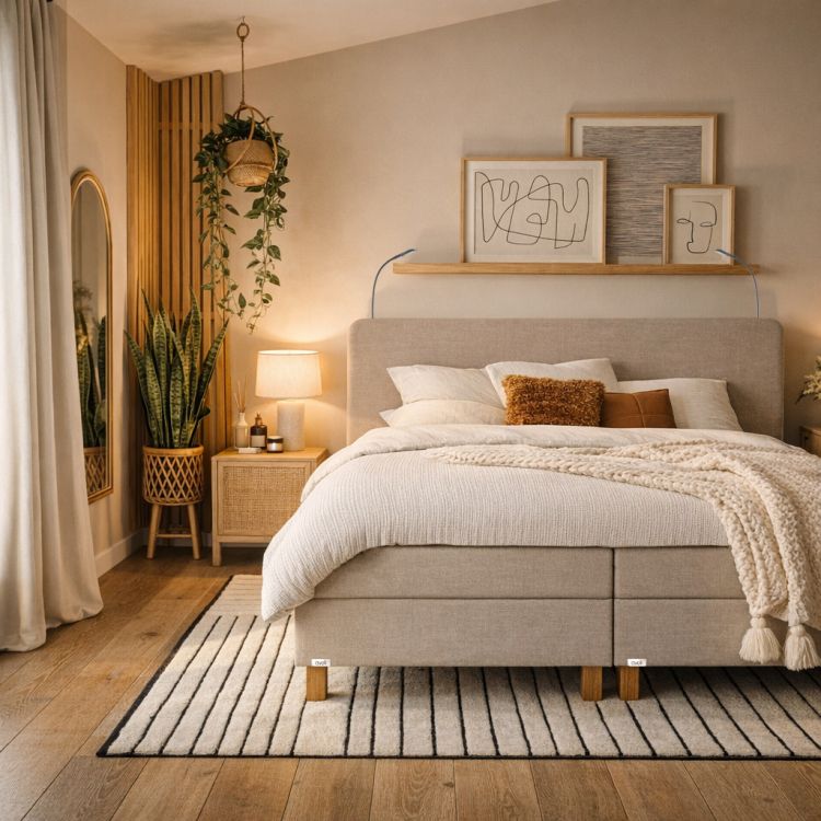 Beige gestoffeerd boxspringbed met houten poten in warme moderne slaapkamer met houten wandpanelen, planten en neutrale accessoires
