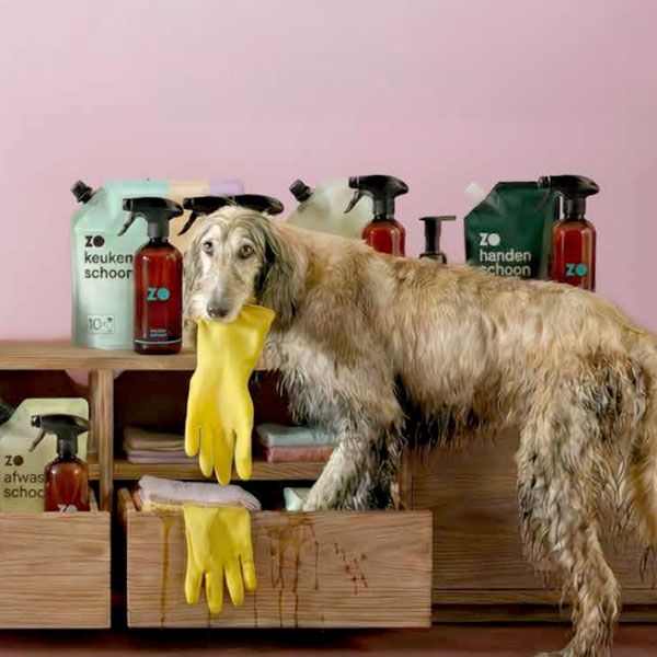 Hond met gele schoonmaakhandschoen in bek voor kast met schoonmaakmiddelen en roze achtergrond