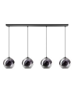 Hanglamp Borro met vier smoke glazen bollen aan zwart metalen plafondbalk
