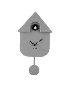 Vooraanzicht van de Karlsson Wandklok Cuckoo Modern Grey met strakke grijze kast, zwarte wijzers, witte koekoek en ronde pendel.