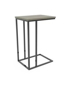 Steel koffietafel met lichtgrijs massief eiken blad en donker metalen onderstel.