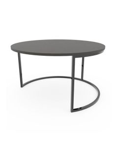 De ronde salontafel Steel met zwart blad en open zwart stalen onderstel.