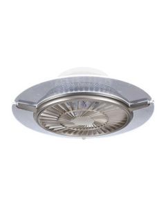 Grijze plafondventilator met ge&iuml;ntegreerde LED-verlichting en compact rond ontwerp.