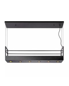 Zwarte metalen hanglamp met ge&iuml;ntegreerd rek en zes spots, strak en rechthoekig ontwerp tegen witte achtergrond