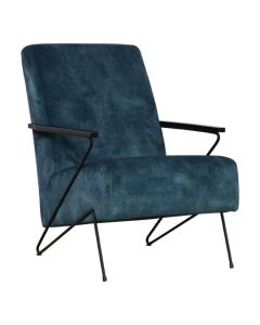 Fauteuil Wilting Laag in blauwe stof met zwart metalen onderstel.