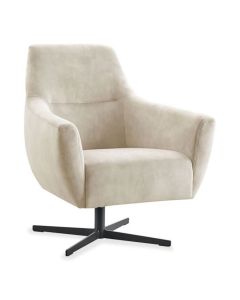 lichtgrijze draaifauteuil Gudo van Pronto Wonen, schuin aanzicht met comfortabele armleuningen en zwarte metalen draaivoet.