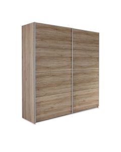Vrijstaande zweefdeurkast met eikenhouten panelen.