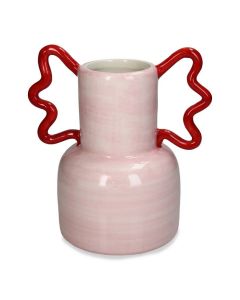 Roze vaas met twee vleugelvormige handgrepen in het rood.