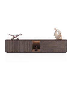 Trenton lowboard in clay van eikenfineer met 2 deuren, 2 laden en verlichte open niche