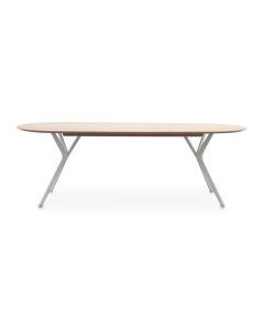 Houten ovale eetkamertafel met een licht metalen onderstel, geschikt voor moderne en Scandinavische interieurs.