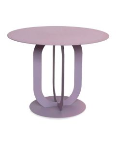 Ronde metalen salontafel in een trendy lila kleur met een uniek geometrisch onderstel.