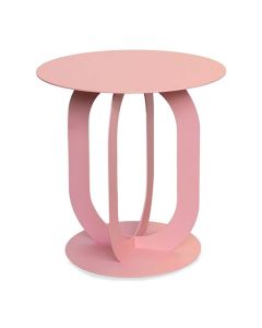 Roze ronde bijzettafel met modern design, metalen basis en opengewerkte pootconstructie.