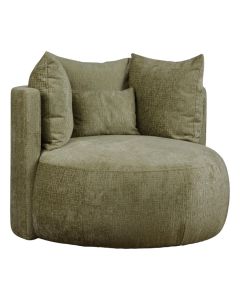 Fauteuil Weyland met ronde zitting en losse rugkussens in lichtgroene stof.