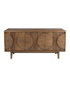 vooraanzicht van een houten dressoir uit de collectie zuiver met ronde patronen op de deuren en sierlijke poten, uitgevoerd in een natuurlijke walnoten houtkleur.