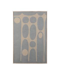 Abstracte wanddecoratie met blauwe en beige vormen op canvas in een houten frame.