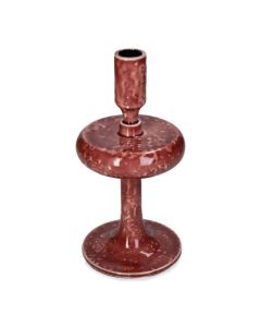 Kandelaar met unieke vorm en gespikkelde afwerking in bordeauxrode tint.