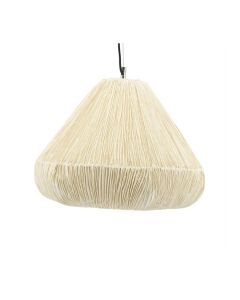 Hanglamp met een geplooide kap van natuurlijk materiaal, die zacht licht doorlaat voor een warme uitstraling.