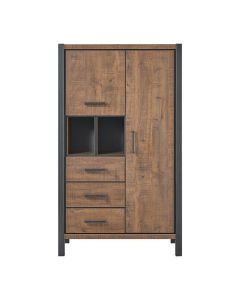 Vooraanzicht van de Mantera kast van profijt meubel, gemaakt van donker mangohout, met een industrieel zwart frame en meerdere laden.