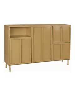 Vooraanzicht van de mosterdgele Ottawa kast van New Routz, met vier deuren en een open vak.