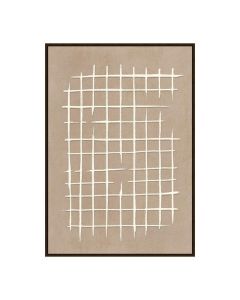 Canvas Mesh met wit lijnenspel op een zandkleurige achtergrond, inclusief lijst.