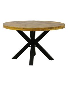 Vooraanzicht van eettafel Wallace Rond met houten blad en zwarte metalen kruispoot.