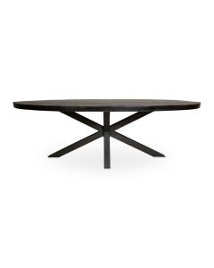 Ovale eetkamertafel Denver van zwart mangohout met een zwarte metalen matrixpoot, geschikt voor een modern interieur.