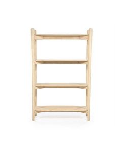 Wandkast Selbu van Eleonora in naturel mangohout, vooraanzicht met vier ruime planken en afgeronde hoeken.