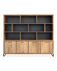 Wandmeubel Imbaro met mango decor, 238 cm breed, met 4 gesloten deuren en 10 open vakken, frontaal weergegeven.