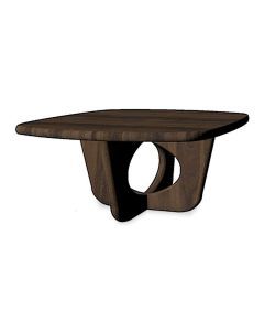 Salontafel Aquarius van Profijt Meubel in Mango Brown Walnut met gekruist onderstel en ronde openingen.