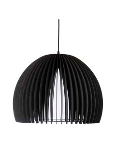 Zwarte Blij Design hanglamp Oslo 65 cm met halfbol kap van open latten en zwarte pendel, gefotografeerd vrijstaand tegen witte achtergrond.