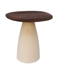 Miran bijzettafel met hardhouten blad en ivoorkleurige stalen poot, zijaanzicht.