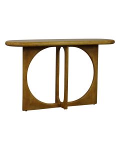 Sidetable Wakefield van massief hout met afgerond blad en opvallend onderstel met ronde uitsparingen.