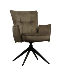 Draaibare armstoel Walori in taupe stof met hoge rug en zwarte metalen sterpoot, vooraanzicht tegen witte achtergrond