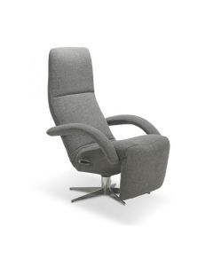 JORI Relaxfauteuil Yoga in grijze stof met metalen kruisvoet, verstelbare rug en voetensteun, schuin vooraanzicht.