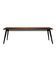 Donkere houten Pitcher eetkamertafel met slank blad en schuin geplaatste poten tegen witte achtergrond