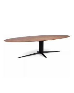 Ovale houten Jump & Wave tafel met zwart stalen sterpoot onderstel tegen witte achtergrond