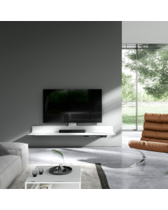 Spectral Air tv-meubel wit zwevend met soundbar en televisie in moderne woonkamer met grote ramen