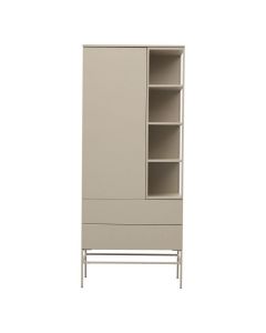 Trendhopper wandkast Desio in Stone Grey, gezien van voren met open en gesloten vakken en metalen pootconstructie.