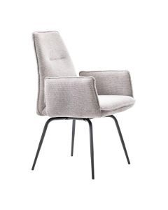 Schuin zijaanzicht van de INHOUSE Hatomi eetkamerstoel in lichtgrijs met armleuningen en zwarte metalen poten.