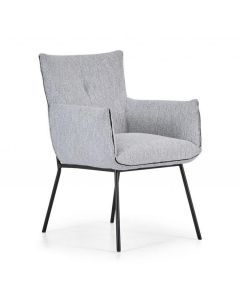 Lichtgrijze Mont&egrave;l Harmony eetkamerstoel met zwarte poten, schuin van voren gefotografeerd voor een driedimensionaal beeld.