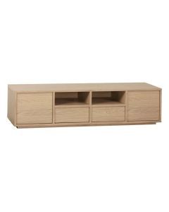 Trendhopper tv-meubel Tovo 200 cm in Blond Oak, frontaanzicht met twee deuren, twee open vakken en twee centrale lades dicht.