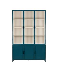 Vitrinekast Detroit in blauw met zes deuren, waarvan drie glazen deuren met metalen planken en drie dichte deuren onderin.