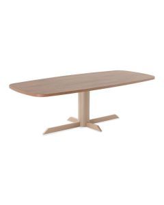 Salontafel Levado met Deens ovaal blad in bruine houtlook en champagnekleurige metalen kolompoot met vier voeten
