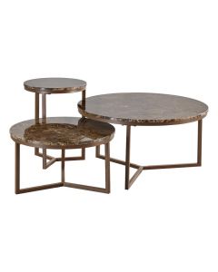 Ronde INHOUSE salontafelset Ronala van drie bruine marmeren tafels met metalen onderstel.