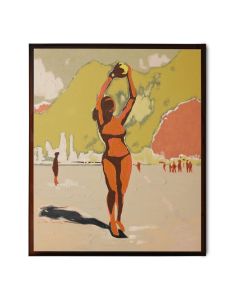 HKLiving schilderij Playground 127x152 cm met zomerse strandsc&egrave;ne in oranje en geel tinten, recht van voren gefotografeerd