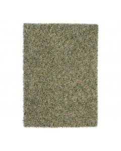 Hoogpolig vloerkleed Spring Evergreen van zuiver scheerwol in gem&ecirc;leerde groentinten, afgebeeld in bovenaanzicht tegen een witte achtergrond.